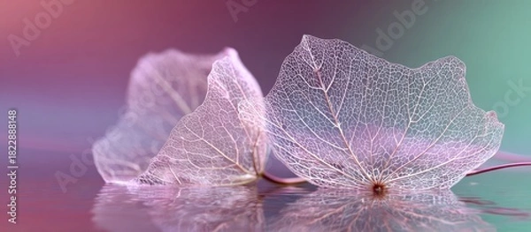 Obraz Delicate translucent leaf skeletons reflecting on a surface with gradients of purple and teal