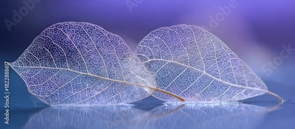 Obraz Two delicate leaf skeletons on a glossy surface, against a purple background