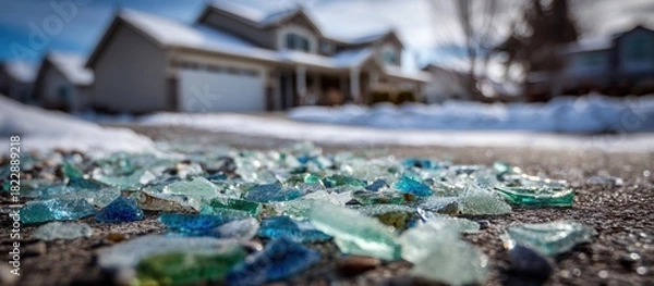 Obraz Shards of colored glass on a pavement, house with snow in background, winter scene