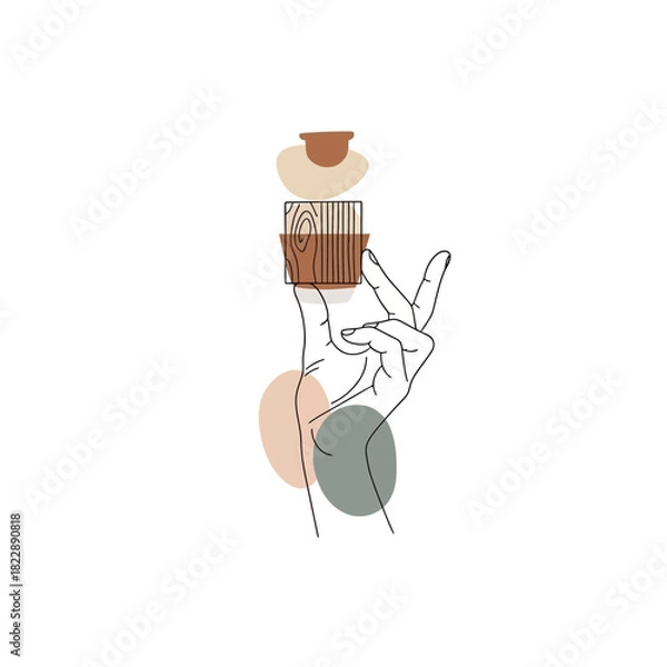 Fototapeta Hand balancing cups and abstract shapes on white background.