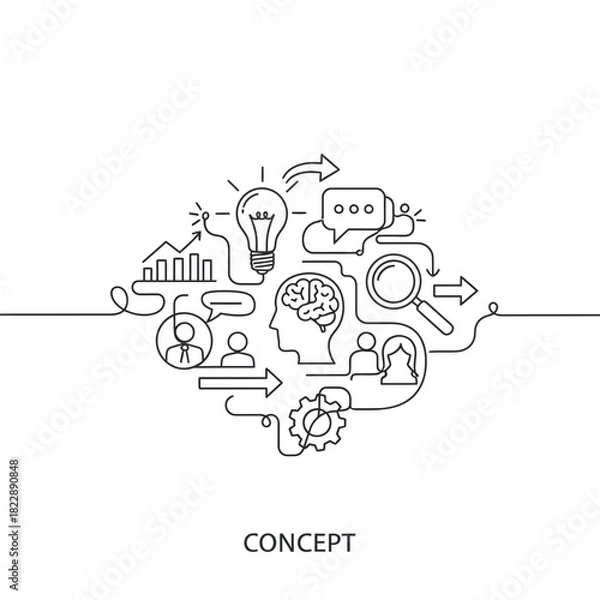 Fototapeta Abstract line art depicts ideas and thought processes in a circular arrangement.