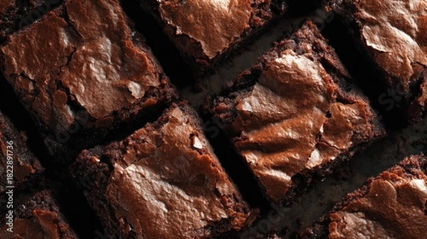 Obraz Close-up of many squares of chocolate brownies with crinkled tops, angled for presentation