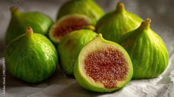 Obraz Close-up of ripe, green figs, some whole, one sliced open showing the juicy interior