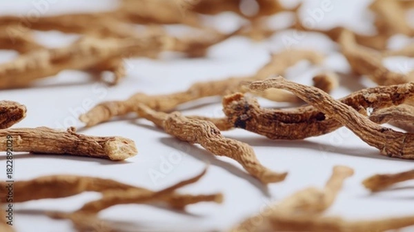Obraz Dried, twisted root-like objects are scattered on a white surface, in soft focus