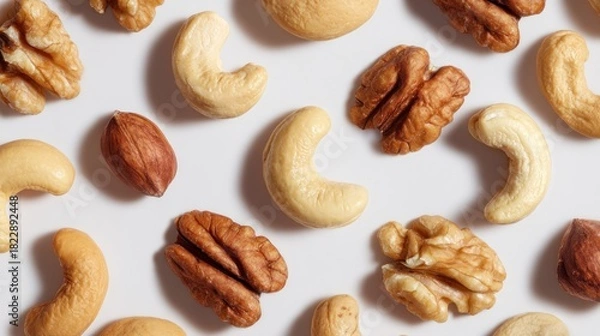 Obraz Close-up of various nuts scattered on a white surface, showcasing textures and colors