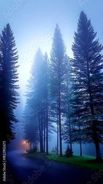 Obraz Serene Forest Scene with Tall Pine Trees and Soft Fog in Early Morning Light