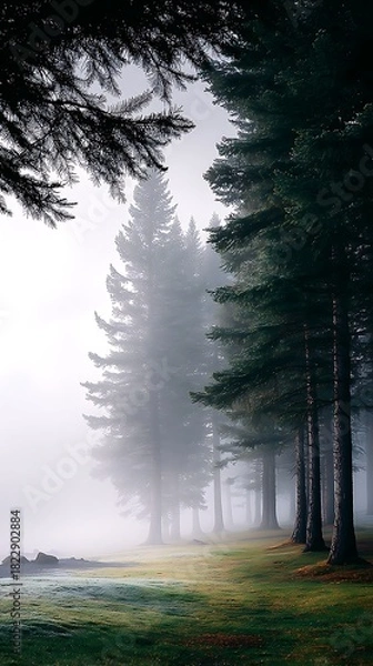 Obraz Misty Forest with Tall Evergreen Trees and Dewy Grass in Morning Light