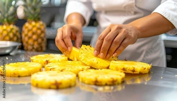 Obraz Chef Preparing Fresh Pineapple Slices in Commercial Kitchen.