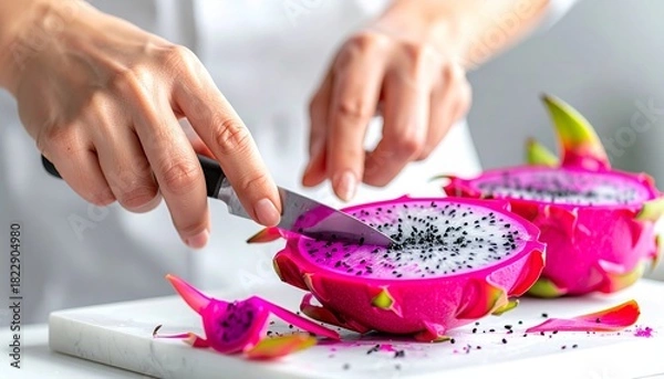 Obraz Cutting a Dragon Fruit - A Close-Up View of Preparation.