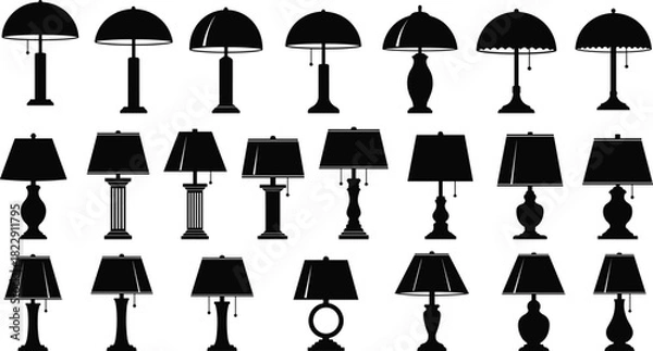 Obraz Elegant vintage and modern table lamps collection in black silhouette style, showcasing diverse decorative lamp designs for interior lighting and home decor.