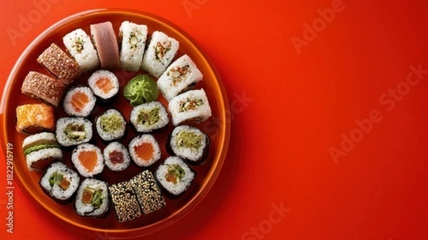 Fototapeta Assorted sushi rolls displayed on round orange plate with red background