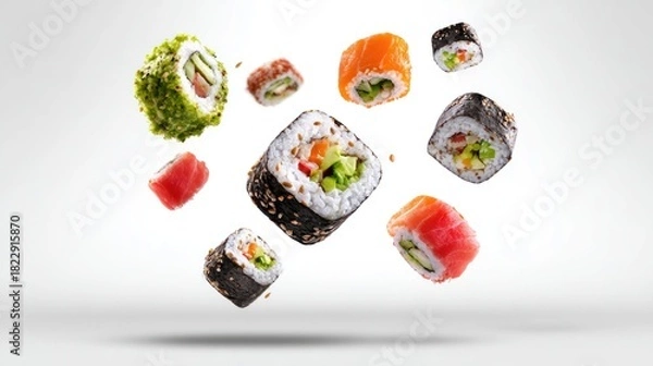 Fototapeta Assortment of colorful sushi rolls, levitating on a neutral backdrop
