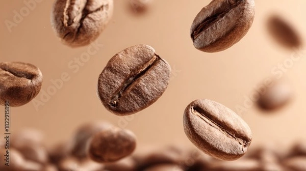 Fototapeta Falling, roasted coffee beans against a warm, light brown gradient backdrop