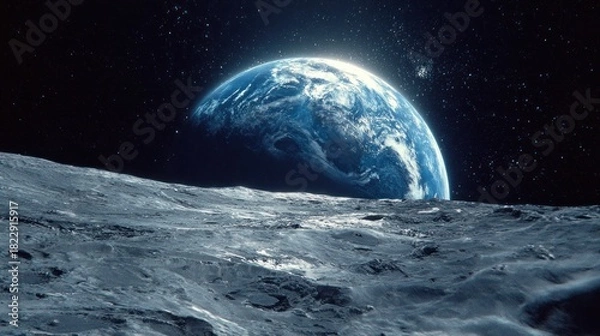 Fototapeta Earthrise seen from the Moon's surface, craters, and stars in background