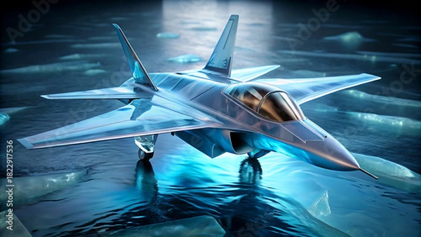 Fototapeta Futuristic fighter jet on ice a modern military aircraft concept rendered in 3D