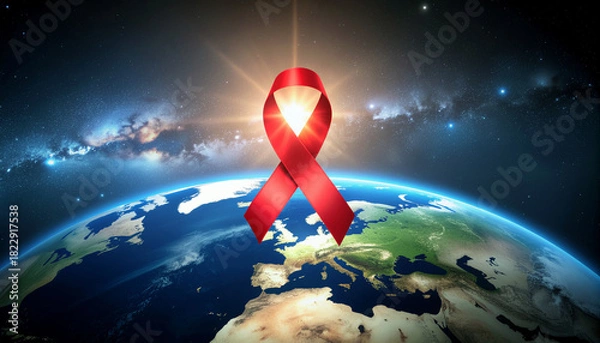 Fototapeta Show your support with this empowering image of a red ribbon symbolizing global awareness for HIV and AIDS on Earth against the vibrant backdrop of space