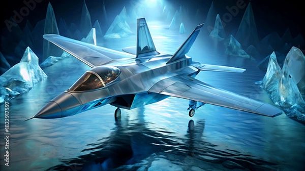 Fototapeta Futuristic fighter jet in an icy landscape a concept for advanced aerospace technology rendered with digital illustration