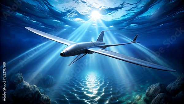 Fototapeta Futuristic underwater drone gliding through the ocean a cutting-edge technology concept for marine exploration and research with sun rays piercing through the water