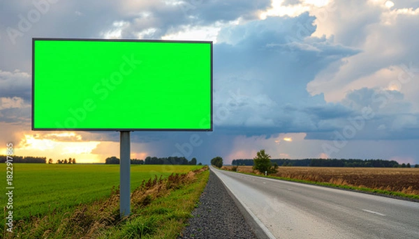 Fototapeta Blank green billboard stands tall on rural road, ready for your message under dramatic skies, perfect for advertising, announcements, or branding campaigns