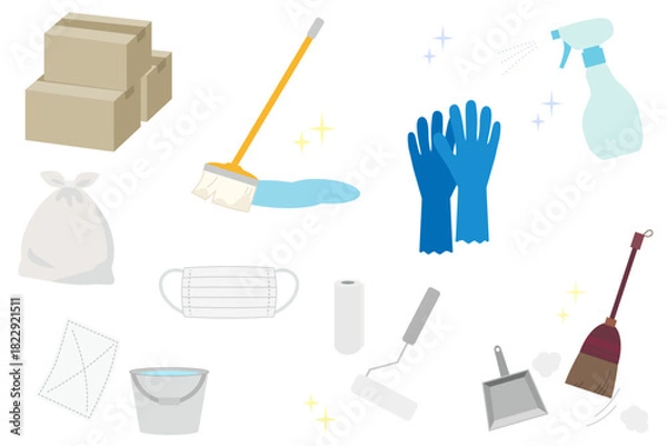 Obraz 年末大掃除に使えるイラスト素材セット／整理整頓・掃除道具・生活用品