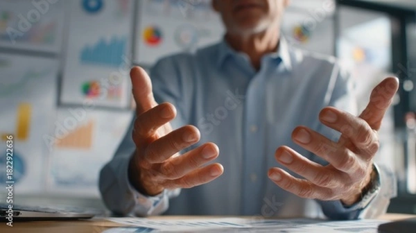 Fototapeta Strategic Overview: A seasoned business figure, with open hands and engaging body language, communicates in a meeting setting, signifying expertise.