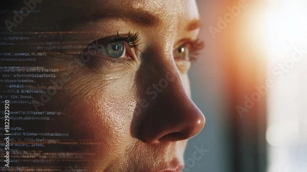 Fototapeta Coding in her eyes: A focused individual studies computer coding, her gaze intent and bright. This photo captures the essence of technology and the pursuit of knowledge.