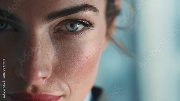 Obraz Captivating Gaze: Close-up of a confident woman's face, her piercing gaze conveying depth and determination. The image captures the power of focus, capturing attention with a mesmerizing effect.