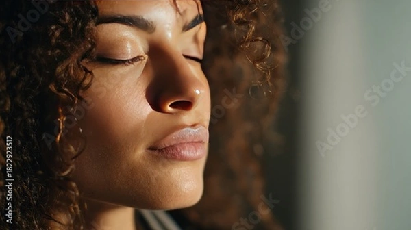 Fototapeta Inner peace in Sunlight: A captivating close-up of a person with closed eyes basks in the gentle glow of sunlight, embodying serenity and introspection.