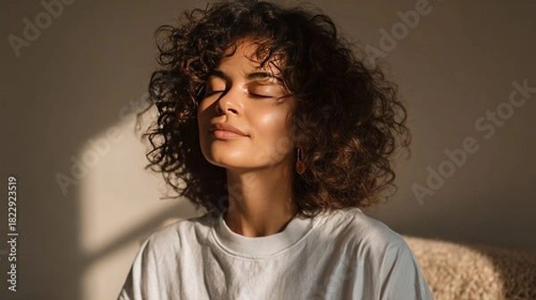Fototapeta Serene Sunlight Meditation: A woman with closed eyes bathes in the gentle warmth of sunlight, her face radiating peace and tranquility, embodying the essence of mindfulness and inner harmony.