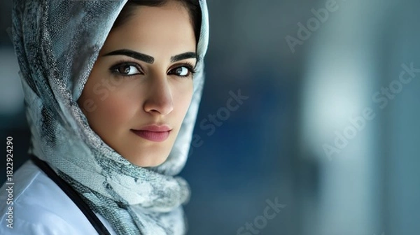 Fototapeta Arabian Beauty: A portrait of a woman of Arab descent, exuding elegance and confidence, adorned in a headscarf, looking serene and captured in a moment of poised reflection.