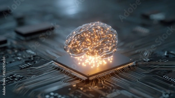Fototapeta Digital Brain Interface:  Illuminated brain with intricate neural pathways is integrated within the circuit board, symbolizing the convergence of technology and human intellect.