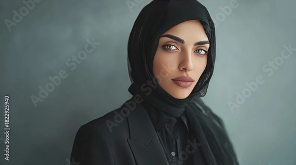 Fototapeta Elegance in Tradition: A portrait of a woman of Arab descent, she is gracefully adorned in a traditional hijab and professional attire, epitomizing cultural respect.