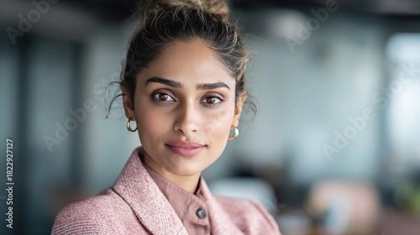 Fototapeta Empowered Confidence: A poised professional embodies sophistication and success, her gaze reflecting determination and her style, a portrait of grace in the modern business world.