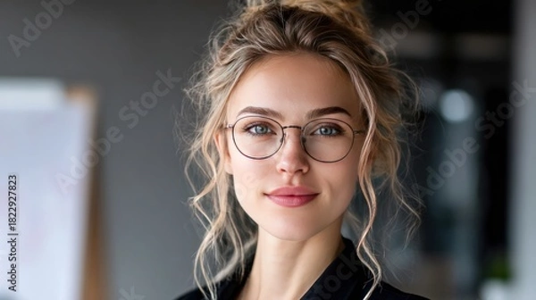 Fototapeta Confident Professional Portrait: A portrait of a woman of grace and intelligence, with her serene and intelligent eyes gazing towards the camera.