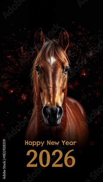 Obraz 幸福感のある馬のシルエットを黒背景に配した2026年新年向けシックな縦長カード. 生成AI