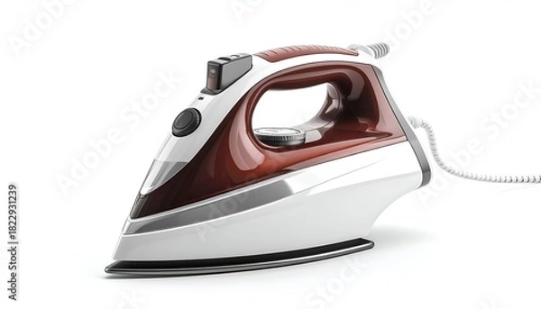 Fototapeta A close-up of a modern electric iron, white and maroon, on a white background