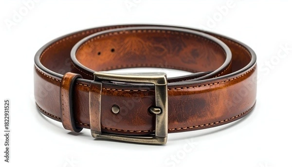 Fototapeta A close-up of a neatly coiled, brown leather belt with a brass buckle on a white surface