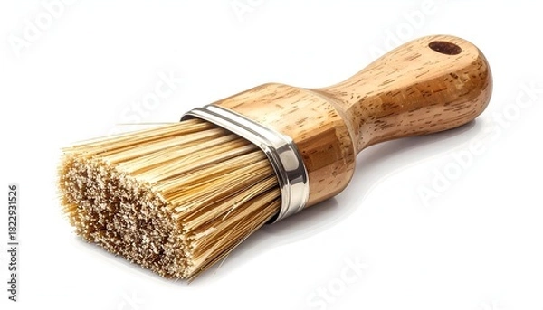 Fototapeta A close-up of a paint brush with a wooden handle and tan bristles, isolated on white