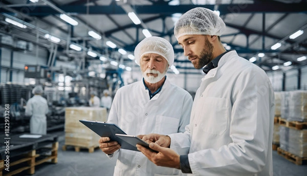 Fototapeta Quality Control Inspectors in Food Production Facility Checking Inventory