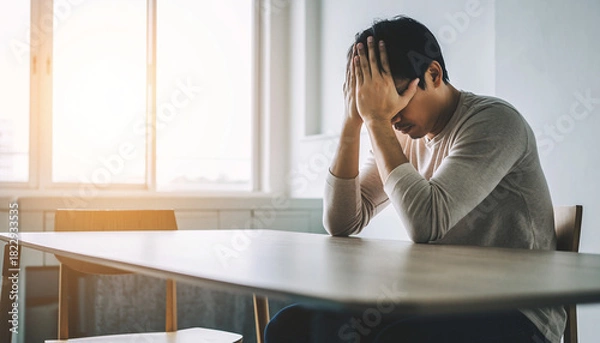Fototapeta Man's Despair Head in Hands at Table, Battling Depression