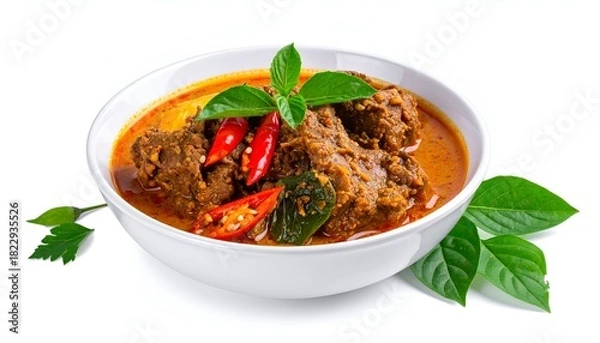 Fototapeta Savory beef curry in white bowl, garnished with chilies, basil, and a vibrant sauce