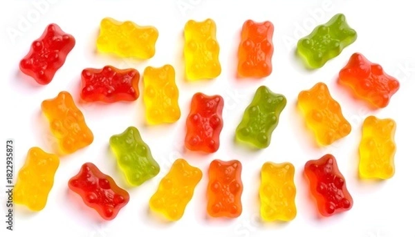 Fototapeta Scattered colorful gummy bear candies against a white background, overhead shot