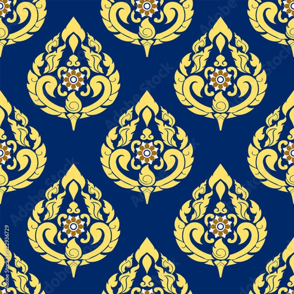 Fototapeta Classic Damask gold and red color Seamless Pattern on a blue color background.	