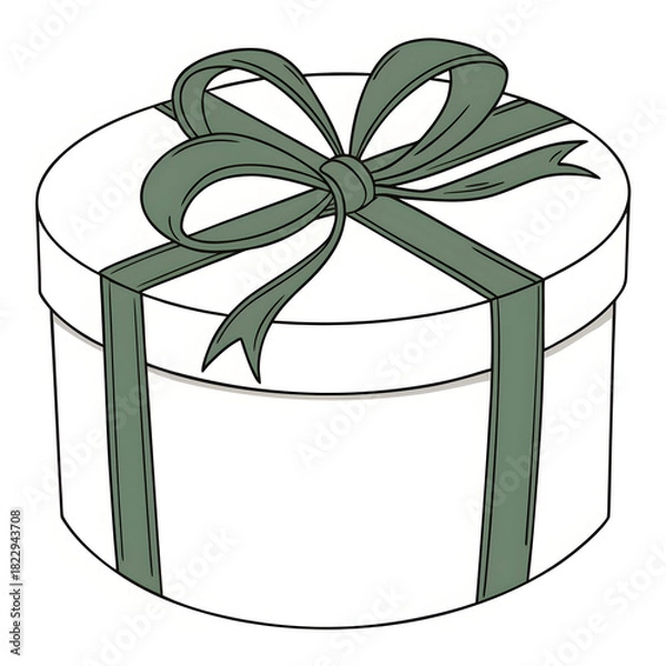 Fototapeta white round gift box with green ribbon and bow