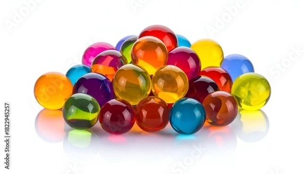 Fototapeta A heap of brightly colored, transparent orbs reflecting light, on a white background