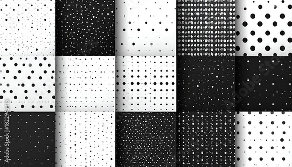 Fototapeta Assortment of monochrome patterns dots, specks, lines, varying sizes, light to dark