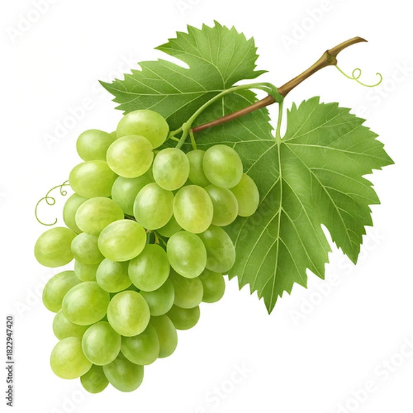 Obraz Green Grape Cluster with Leaf on white background
