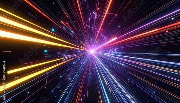 Fototapeta Abstract colorful streaks burst from a central point against a black background