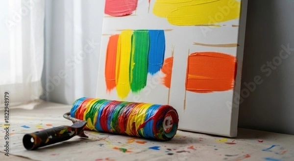 Fototapeta Vibrant Paint Roller and Colorful Canvas Art, Creative Expression, Studio Setting