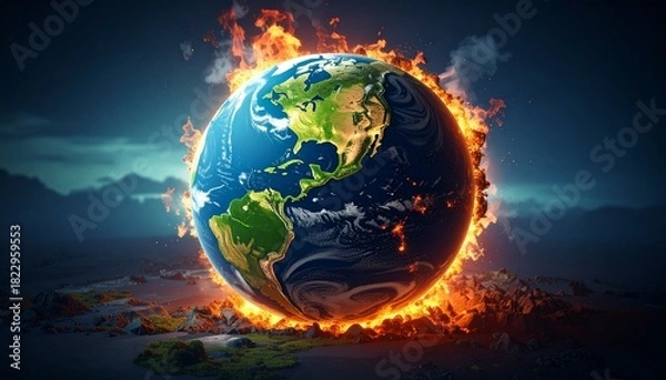 Fototapeta Earth engulfed in flames with global warming. (1)